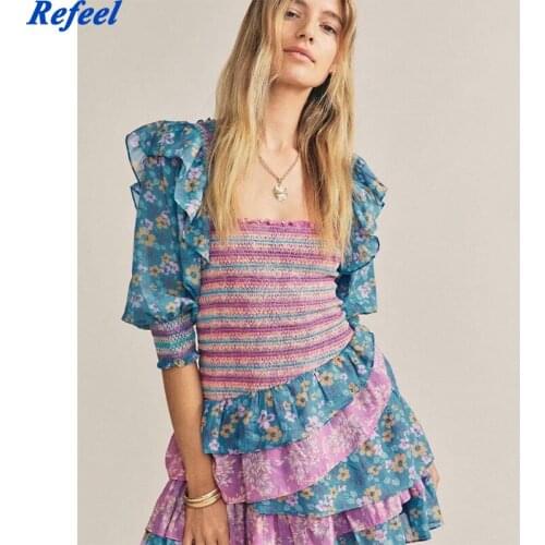 Romantic women dress floral print elastic ruffles sexy square collar puff sleeve spring summer mini dress