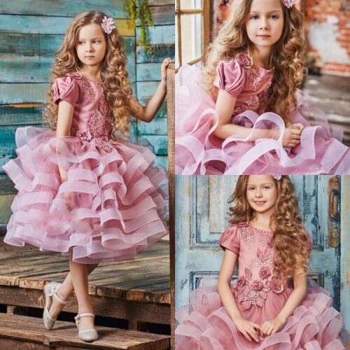 Cap Sleeve Pink Flower Girl Dresses Knee Length Organza Tiered Ruffles 3D Floral Appliques Girls Pageant Gowns