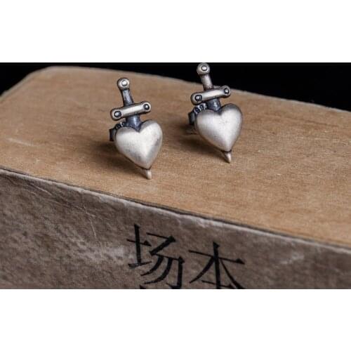 925 Sterling Silver Heart Sword Stud Earrings Women Men Earrings Vintage Party Wedding Jewelry for Girls Women Jewelry Punk