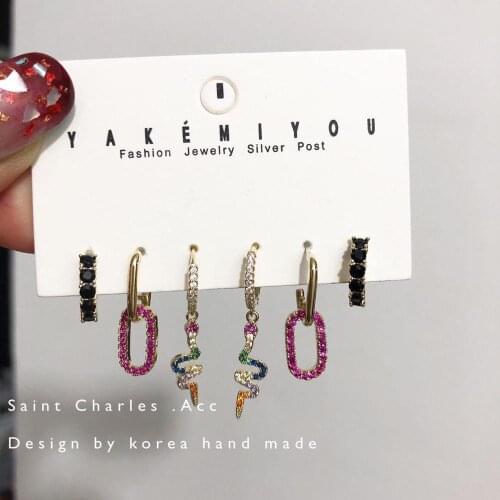 SIPENGJEL Colorful Zircon Geometric Snake Shaped Dangle Drop Earrings 6 Pcs Set Small Hoop Earrings For Women Jewelry 2021