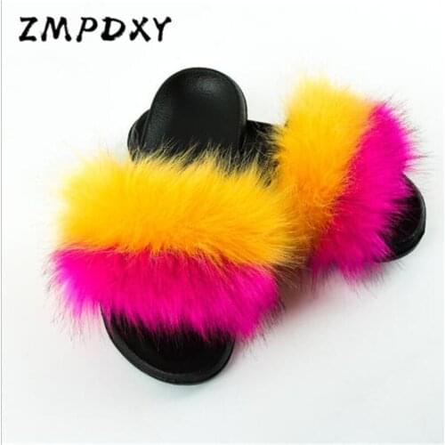 Womans Faux Fox Fur Slides Fluffy Open Toe Plush Sandals Ladies Fake Fox Fur Slippers Women Beach Furry Flip Flops Girls Shoes