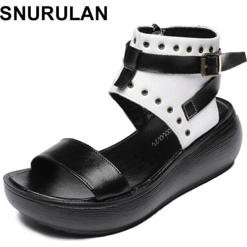 SNURULAN Promotion New Summer Fish Mouth Cowhide Mesh Roman Sandals Women sandals Cool Boots Thick-soled Wedges Increase Sandals