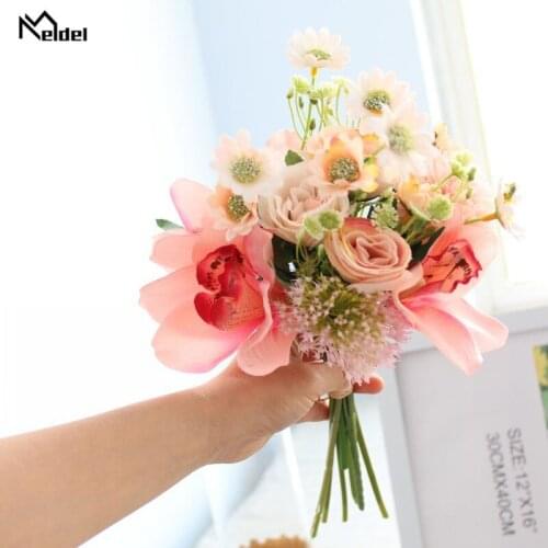 Meldel Wedding Bouquet Artificial Silk Rose Flower Bouquet Pompom Orchid Flower Bridesmaid Party Wedding Supplies Marriage Decor