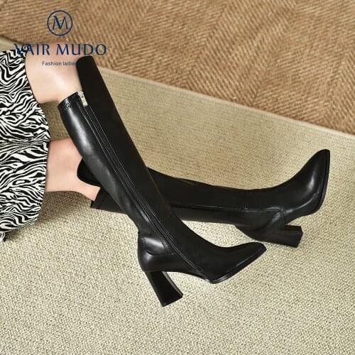 VAIR MUDO Knee-High Boots Shoes Women High Heels Pointed Toe Microfiber Elegant Fashion Autumn Winter Footwear Black Brown ZT85L