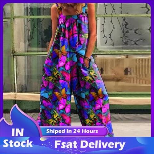 Women Vintage Boho Beach Jumpsuit Fashion Summer Overalls For Women Sexy Floral Print Jumpsuit Butterfly Print Jumpsuit