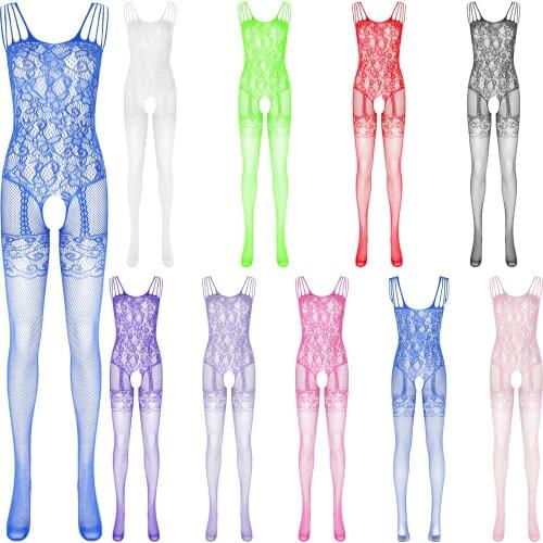 Women Bodysuit Sexy See-Through Hollow Out Fishnet Bodystocking Floral Pattern Crotchless Tights Nightwear Sleeveless Leotard