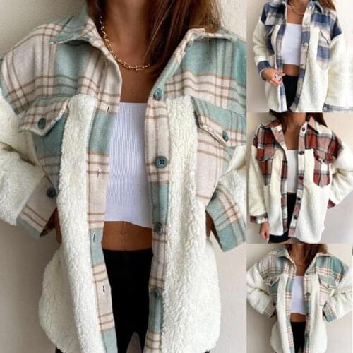 Women Ladies Plaid Patchwork Buttons Coat Womens Winter Autumn Warm Thick Plush Pockets Jacket Overcoat Coat chaquetas mujer