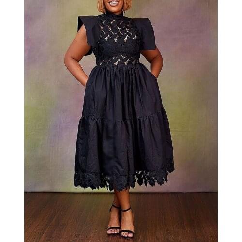 Women Summer Solid Color A-Line Dresses Robe Femme Hollow Out Lace O-Neck Short Sleeve Slim Y2K Dress For Woman Vestido De Mujer