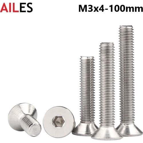M3 Countersunk Hexagon Socket Bolts 3mm x 4 5 6 7 8 910 12 14 22 25 28 30 95 100mm 304 Stianless Steel Flat Head Allen Screws