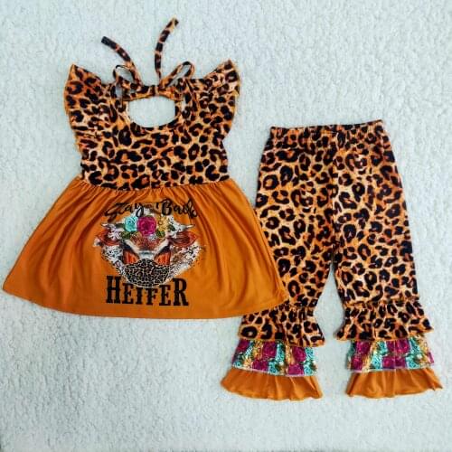 Kids clothes girls wild heifer print ruffle pants baby girl clothes spring summer holiday wear western style cheetah farms RTS