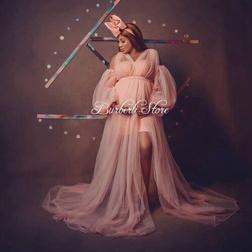 Pretty Pink Long Maternity Robe Sexy See Thru A-line Women Dresses Birthday Baby Shower Female Dress Photoshoot Off The Shoulder