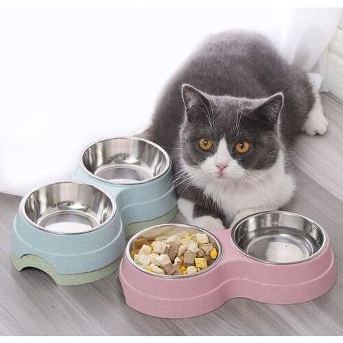 Double Dog Cat Bowls Eco-friendly Wheat Straw Double Stainless Steel Pet Bowls for Cats Puppy Pet Food Water Feeder Products