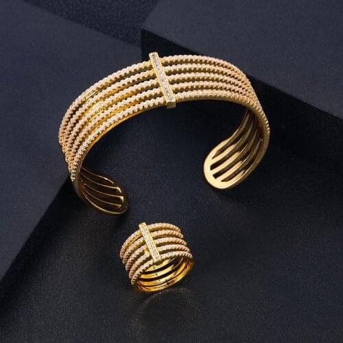 Janekelly African Bangle Ring Set Jewelry Sets For Women Indian Wedding Cubic Zircon Crystal jewellery Dubai Bridal Jewelry Set