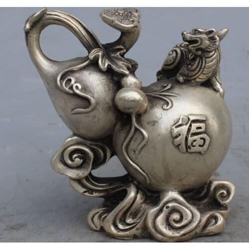 4" Chinese White Copper Fu Shou Propitious Calabash Cucurbit gourd Pixiu Ruyi Statue