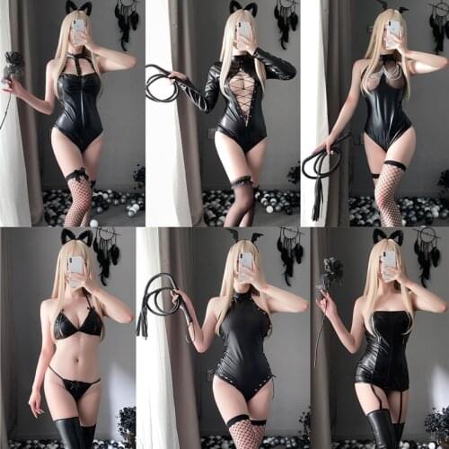 Crotch Leotard Jumpsuit Erotic Lingerie Leather Cosplay Outfit Halter Top Fashion Party Bodysuit Women Sexy Tempation Costumes