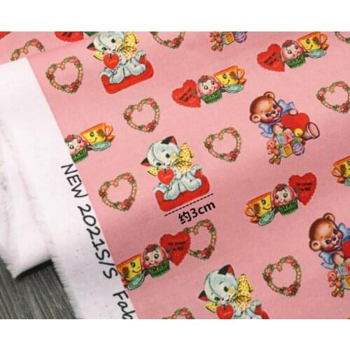 Cartoon Valentine Cats Print 100% Cotton Fabric for Girl Clothes Bedding Set Hometextile Cushion Cover Backpack DIY