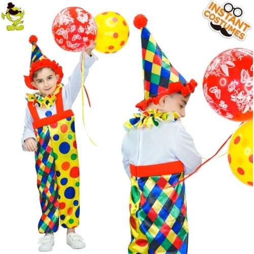 Boys Colorful Dot Clown Costumes Kids Halloween Party Fancy Dress Funny Comedy Clown Jumpsuit Role Play Suits