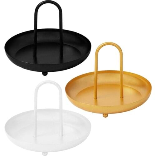 Round Metal Storage Tray with Handle for Bedside Sofa Dessert Fruit Plate Table