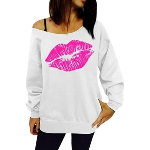 Fashion Hoodies & Sweatshirts Women Sweatshirt Casual Sexy Lip Print Pullover Inclined Shoulder Long Sleeve Top
