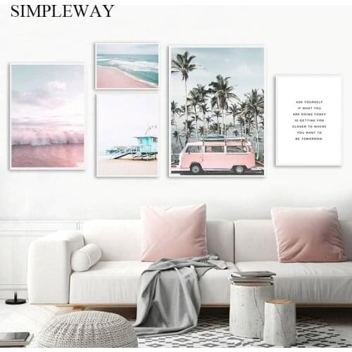 Pink Bus Ocean Beach Seascape Poster and Print Nordic Style Canvas Wall Art Picture Palm Tree Life Tower Landscape Painting