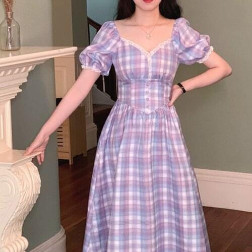 Hstar 2021 New Women Plaid Purple Puff Sleeve Elegant Dress Square Colalr High Waist Maxi Dress Holiday Lady Beach Vestidos
