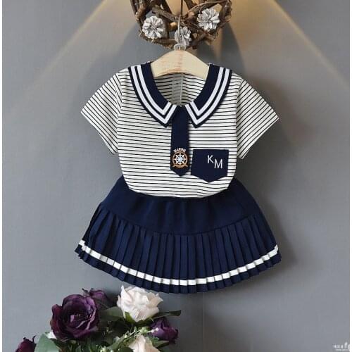 Baby Girl Clothes College Style KM Striped T-shirt With Skirt 2pcs Clothing Set 3 4 5 6 7 Years Summer Clothes Suits For Girls