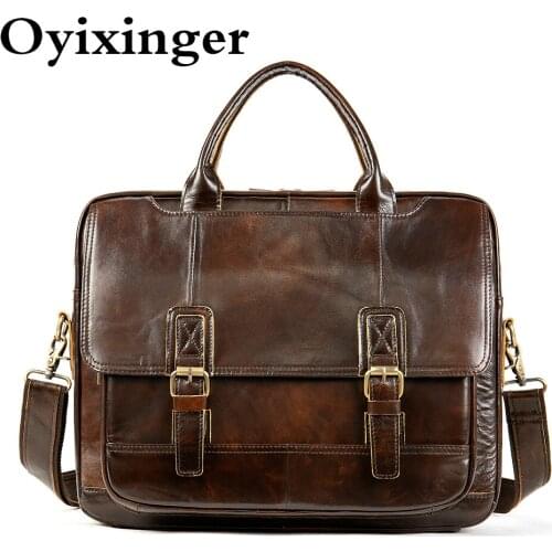 OYIXINGER Mens Genuine Leather Laptop Bag Vintage Office Men Briefcase Luxury Business Laptop Bag For 14" Macbook Air Hp Huawei