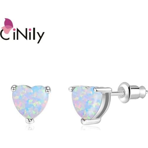CiNily Silver Plated Created White Blue Fire Opal Wholesale Hot Heart For Women Jewelry Love Gift Stud Earrings 7mm OH2933-34