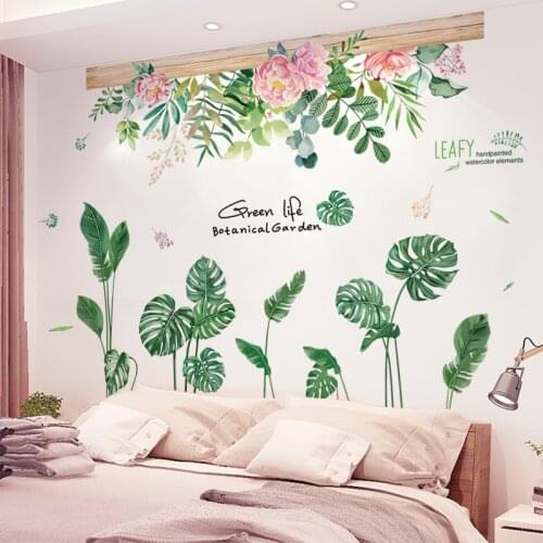 [shijuekongjian] Flower Grass Wall Stickers DIY Green Leaves Wall Decals for Living Room Shop Nursery Kitchen House Decoration