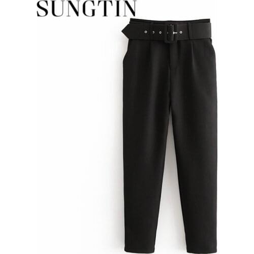 Sungtin Solid Belt Office Lady Pencil Pants Women Casual Fashion Pockets High Waist Pants High Quality 15 Colors Spring Trousers