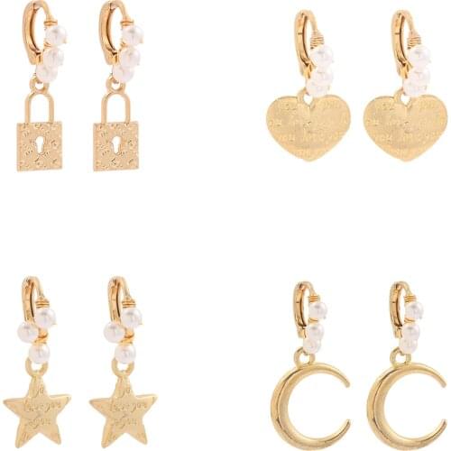 Vintage Gold Metal Moon Star Lock Heart Dangle Earrings for Women Girls Boho Handmade Pearl Earrings Statement Jewelry Gift