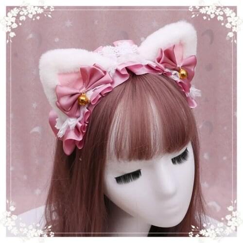 Women Girl Lolita Cosplay Headband Plush Lace Cat Ears Hairband Anime Party Costume Accessory Bow Tie Bell Halloween Accessories