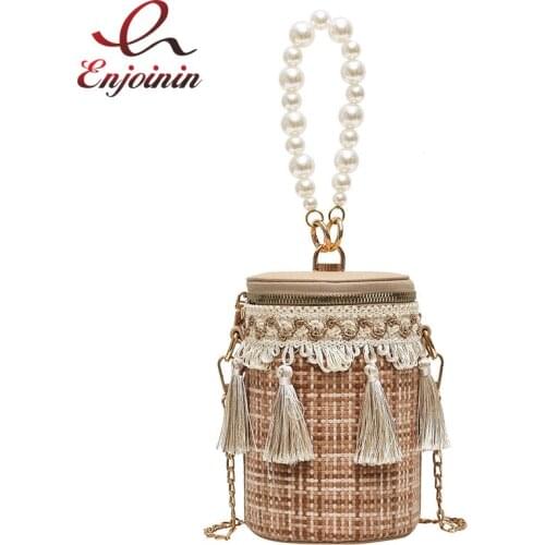 Pearl Designer PU Leather Cylinder Bag Women MINI Brand Trend Messenger Shoulder Handbag Simple Style Fashion Handbag
