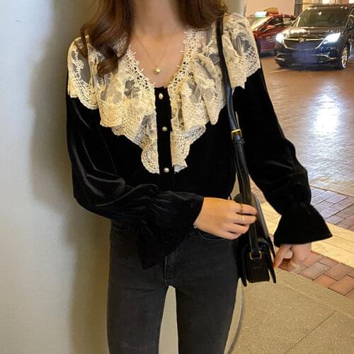 Woman TShirts Spring Lace V-neck Patchwork Flared Long-Sleeved Womens Top Crop Top Mujer Camisetas