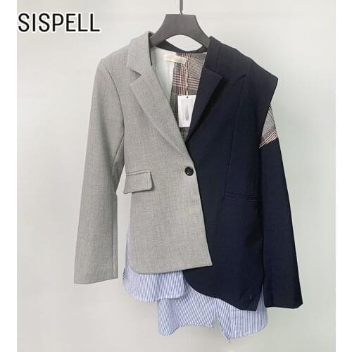 CHICEVER Patchwork Casual Womens Blazers Notched Long Sleeve Tunic Hit Color Asymmetrical Coats Female 2021 Autumn Clothes Tide