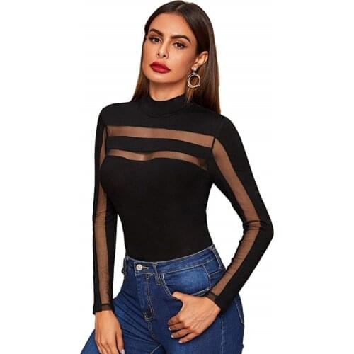 Women Sexy Bodysuit 2020 Autumn Winter Mesh Pathcwork Body Bodysuit Romper Bodycon Thong Leotard Tops T shirt Plus Size S-2XL