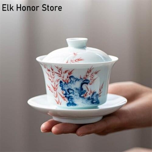 150ML Hand Painted Carving Flower Tea Tureen Ceramic Porcelain Gaiwan Crane Tea Bowl Kung Fu Teaware Office Master Cup Teacup