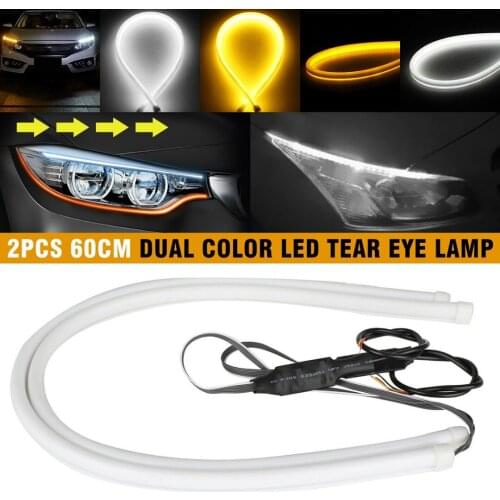 2pcs 12V 60cm White LED Switchback Day-time Running Light Yellow Flowing Water LED Turn Signal Light Strip DIY Accessories