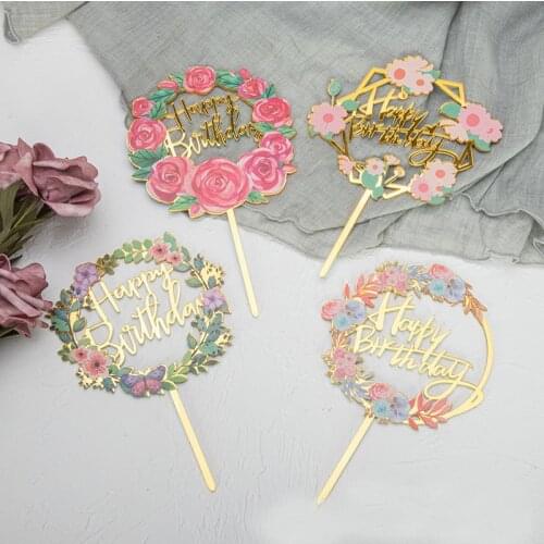 INS Acrylic Birthday Cake Topper Golden Letters Colored Flower Baking Cake Topper for Birthday Party Cupcake Decoration Supplies