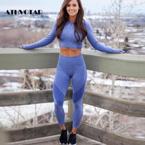 ATHVOTAR 2 Piece Sets Womens Outfits Long Sleeve O-neck Tops Push Up High Waist Leggings Workout Knitted Tracksuit Women