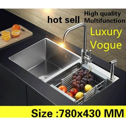 Free shipping Home luxury multifunction small kitchen manual sink double groove wash vegetables 304 stainless steel 78x43 CM