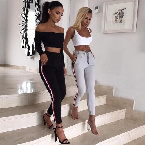Spring Autumn Pants Women Side Stripe Long Leggings Women High Waist Drawstring Straight Pant Knitted Solid Elastic Trousers