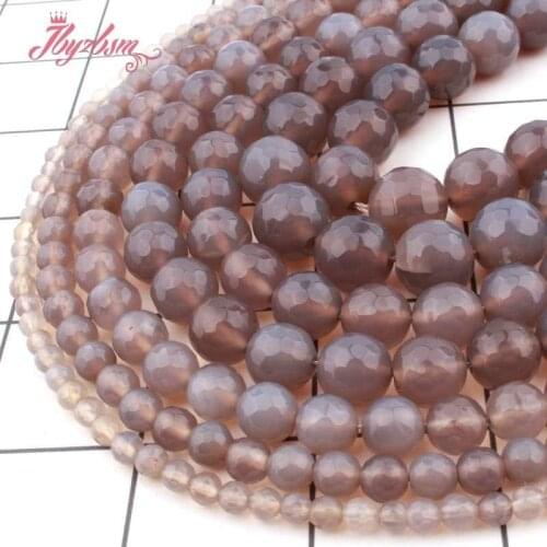 Natural Gray Agates Faceted Round Bead Ball 6/8/10/12mm Stone Beads Loose For Necklace Bracelet DIY Jewelry Making Strand 15"