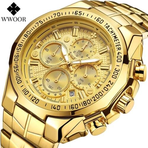 WWOOR Gold Watch Men Sport Chronograph Big Mens Watches Top Brand Luxury Military Steel Waterproof Wrist Watch Relogio Masculino