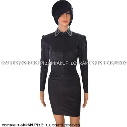Black And Silver Sexy Latex Blouse With Buttons Rubber Skirts Zipper Shirt Puffs Sleeves Playsuit Bodycon YF-0214