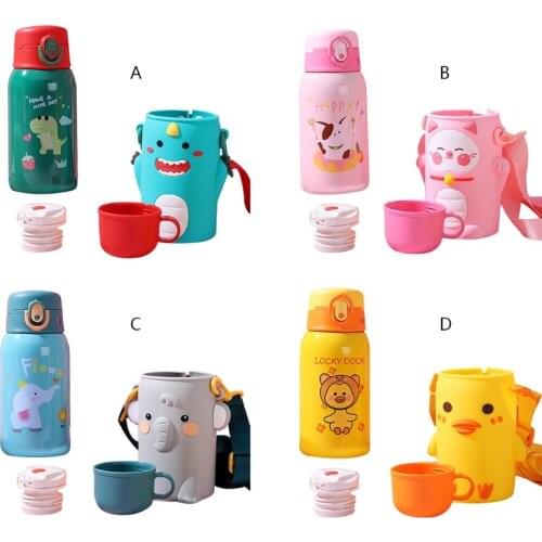 Thermos Cup Cartoon Stainless Steel Bottle for Kids Portable Silicone Sleeve Water Bottles with Double Lids Cups