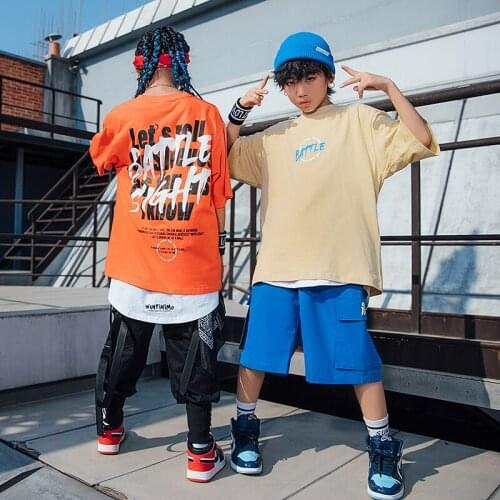 Summer Kids Street Dance Clothing Orange/Khaki T Shirt Short Sleeved Hip Hop Suit Practice Jazz Dance Wear Rave Clothes DNV14811