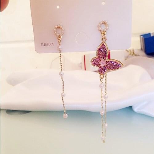 Punk Girl Fashion Earrings 2020 New Wholesale Earrings Temperament Asymmetric Pearl Crystal Tassel Bowknot Earrings Todorova