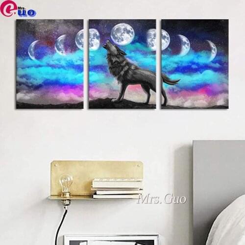 Diamond Embroidery Piece Wolf Wall Art Black Wolf Waxing and Waning Moon on Mountain Scenery Picture Diamond Painting Triptych