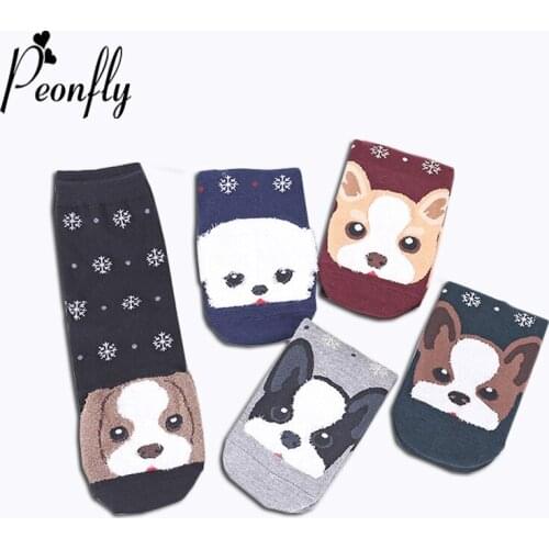 PEONFLY Cartoon Animal Cute Puppy Pattern Printing Snowflakes Happy Socks Woman Autumn Winter Keep Warm Ventilation Cotton Socks